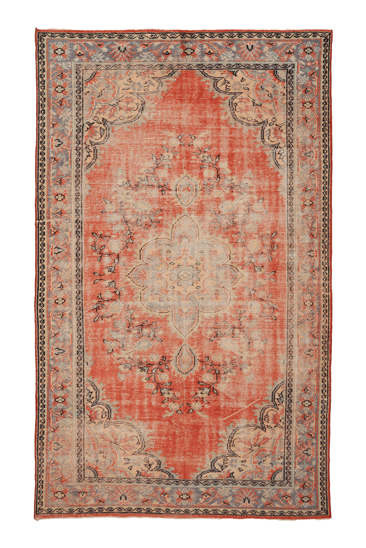 Vintage Manisa Turkish Area Rug 6x10 ft — Red & Blue Floral