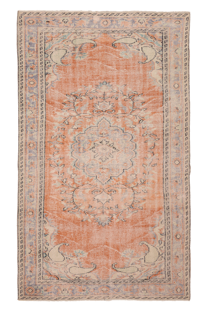 Vintage Manisa Turkish Area Rug 5x9 ft — Orange & Blue Floral