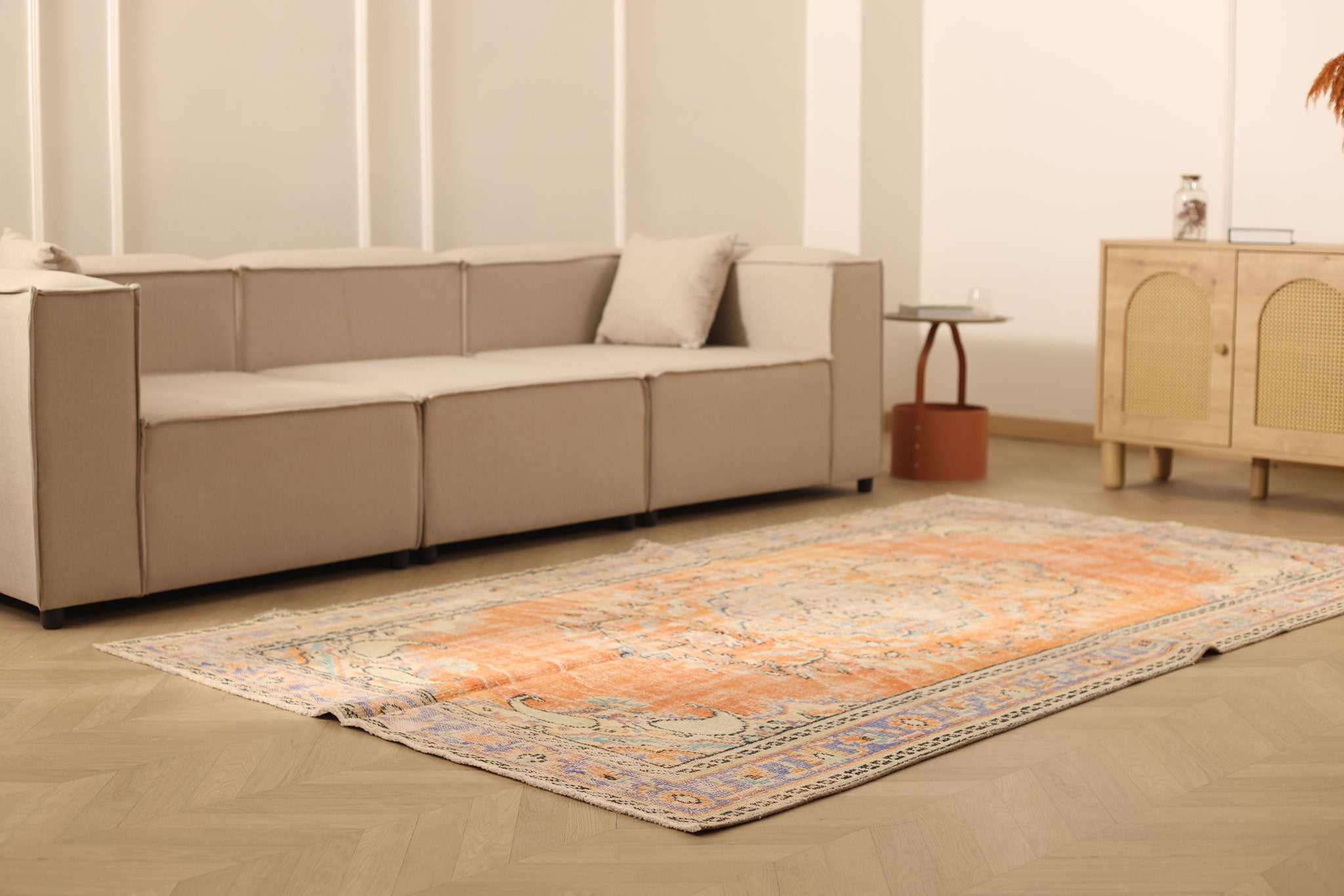 Vintage Manisa Turkish Area Rug 5x9 ft — Orange & Blue Floral