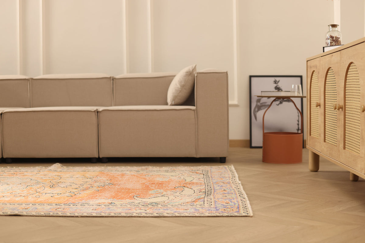 Vintage Manisa Turkish Area Rug 5x9 ft — Orange & Blue Floral