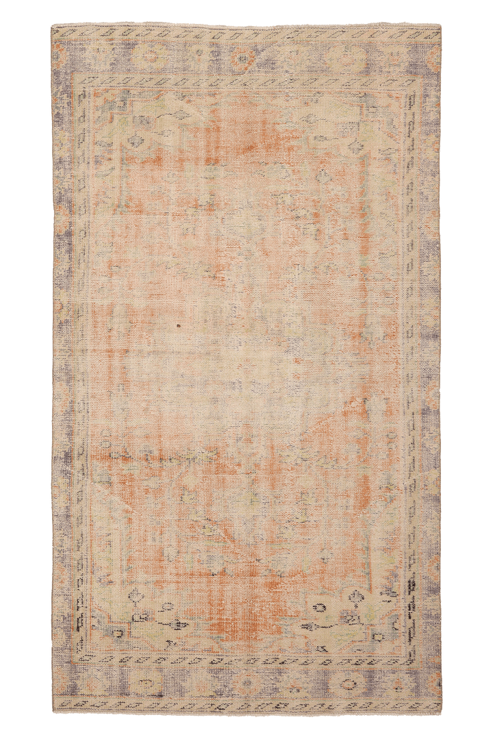 Vintage Manisa Turkish Area Rug 4x8 ft — Beige & Orange Distressed