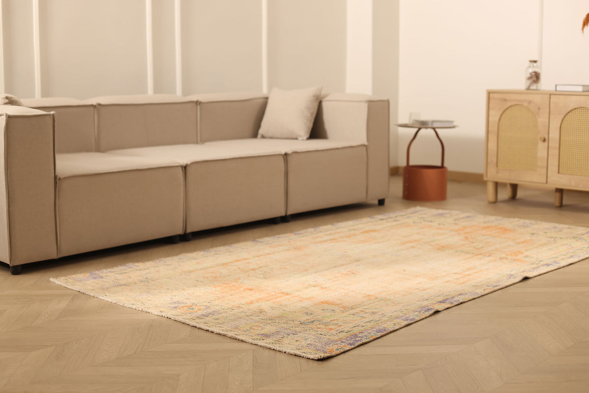 Vintage Manisa Turkish Area Rug 4x8 ft — Beige & Orange Distressed