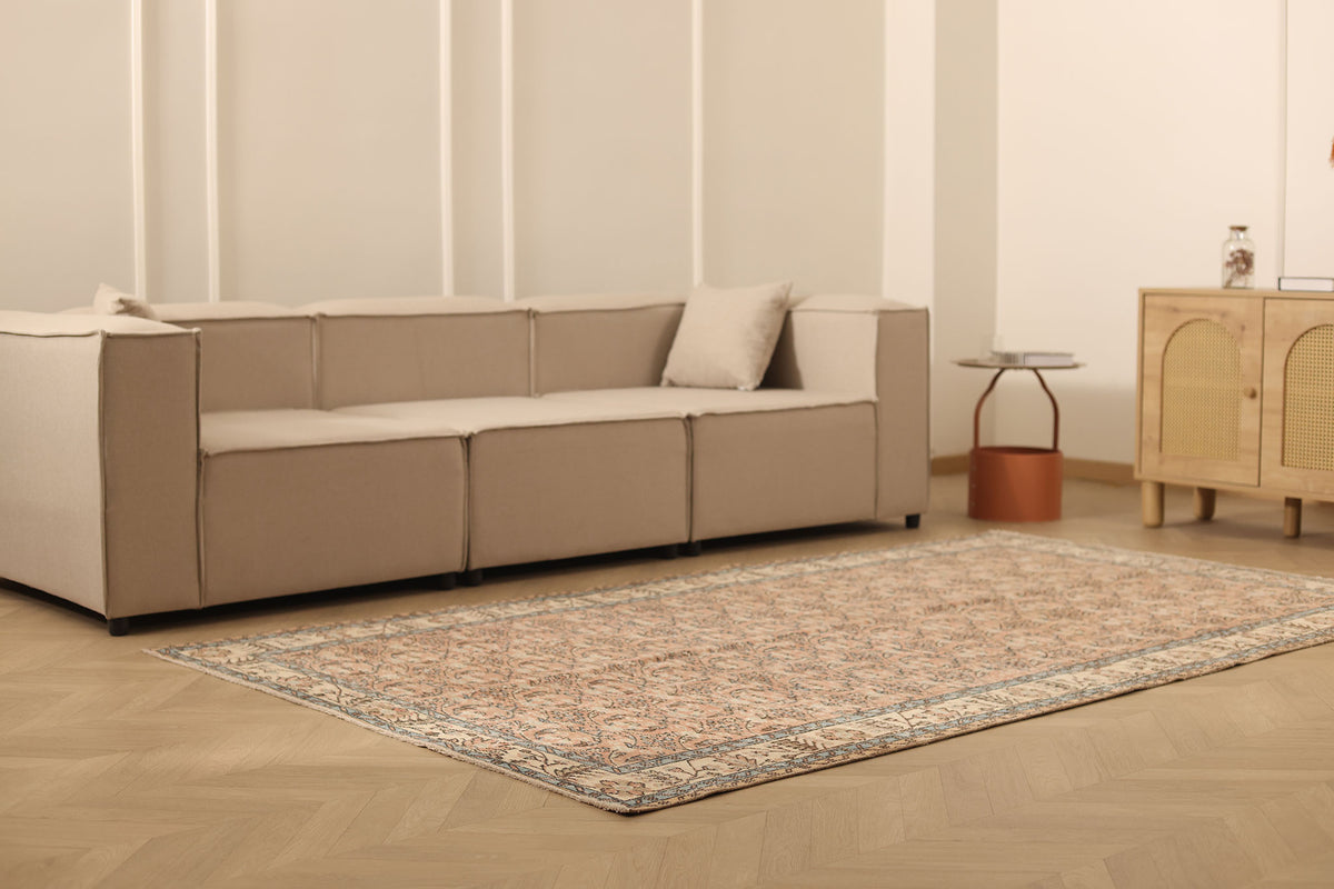 Vintage Isparta Turkish Area Rug 5x9 ft — Orange & Beige Floral