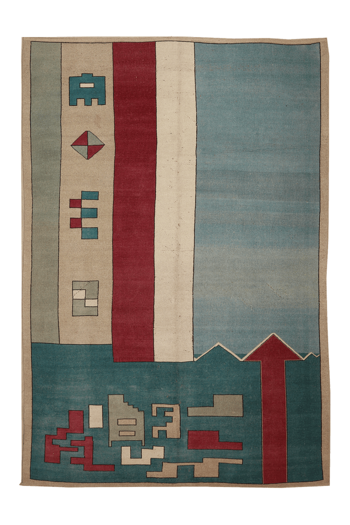 Vintage Niğde Turkish Area Rug 6x10 ft — Blue & Red Geometric
