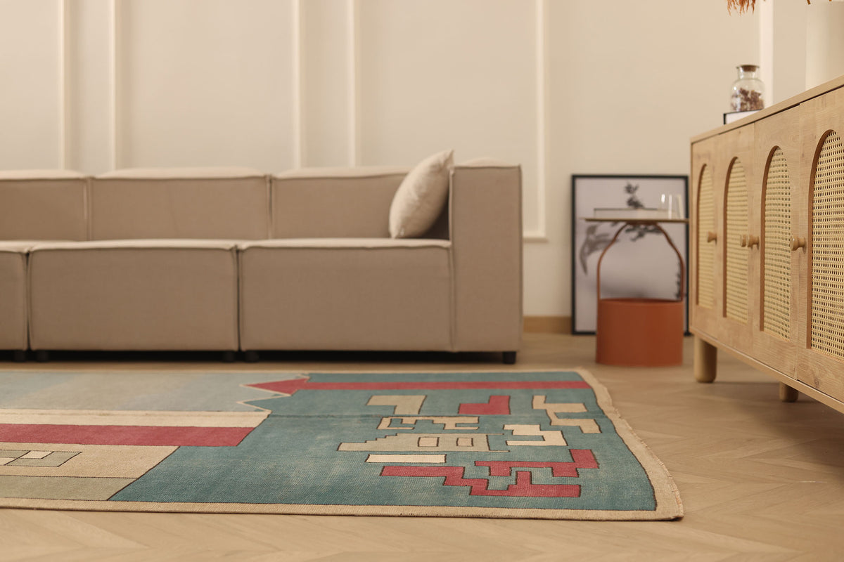 Vintage Niğde Turkish Area Rug 6x10 ft — Blue & Red Geometric