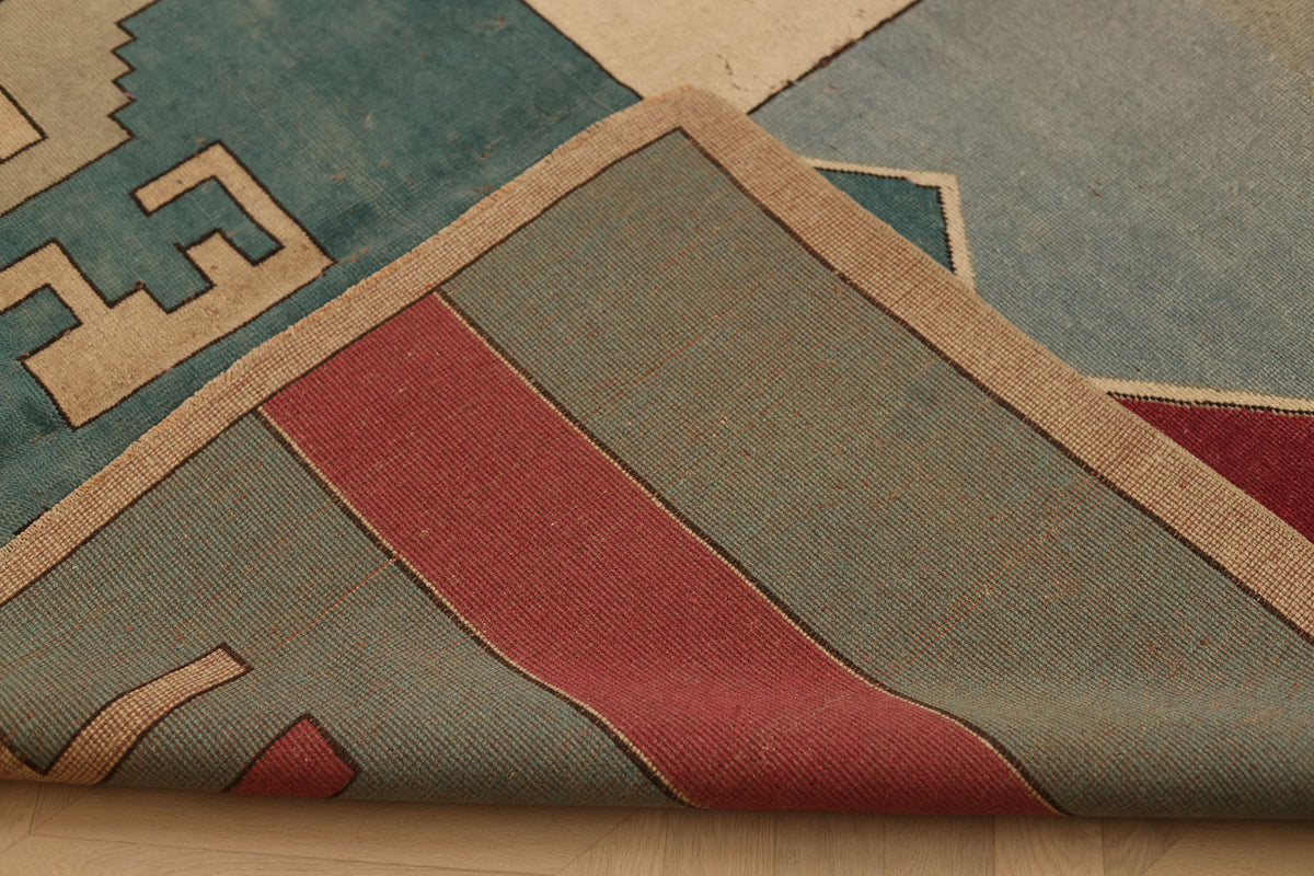 Vintage Niğde Turkish Area Rug 6x10 ft — Blue & Red Geometric