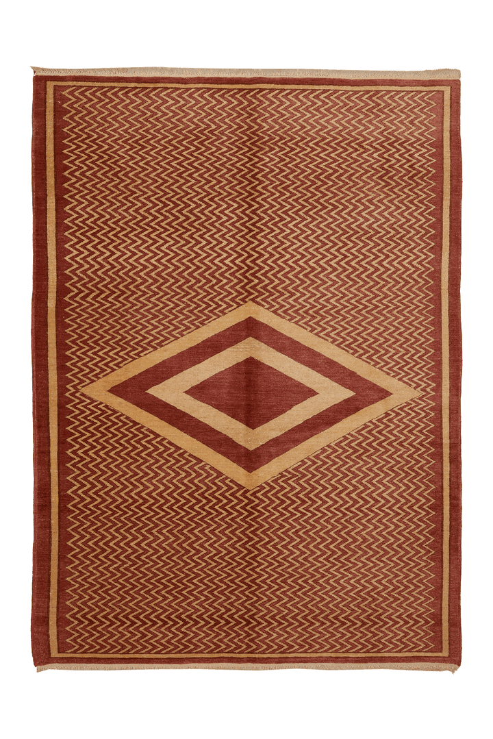 Vintage Manisa Turkish Area Rug 6x9 ft — Red & Beige Geometric