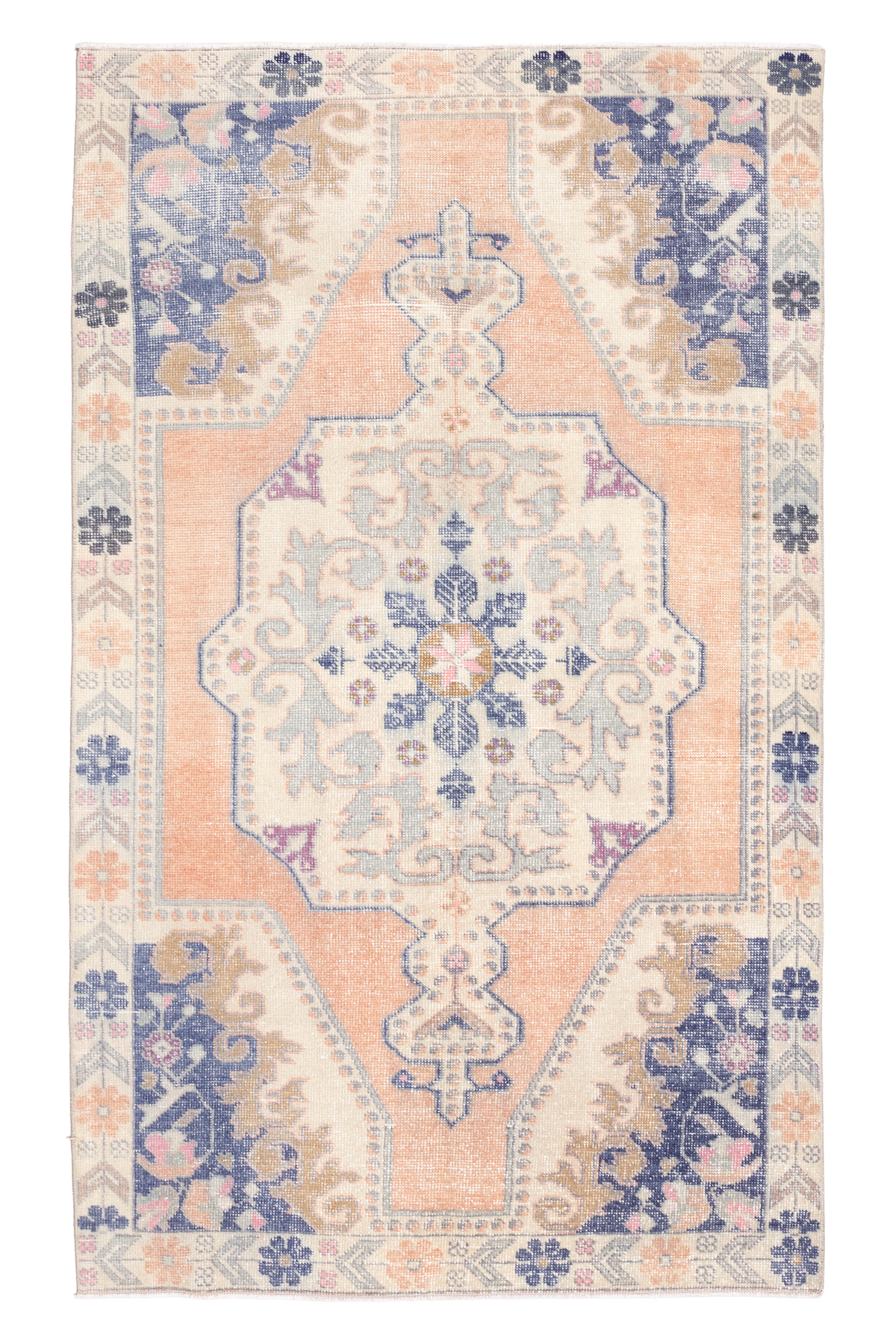 Hand-woven 4x7 ft vintage Turkish wool rug featuring an orange and beige floral medallion design in a bohemian style.