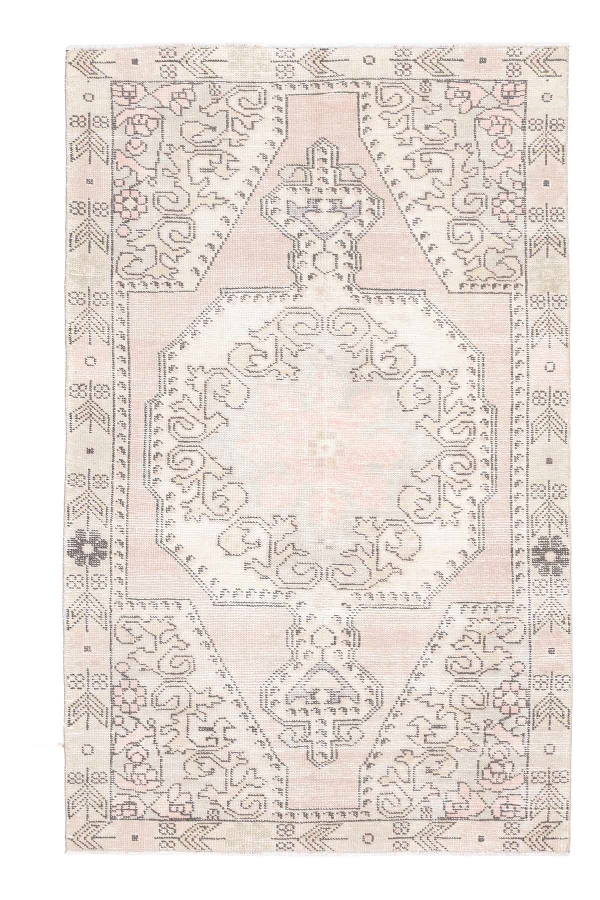 Vintage Nevşehir Turkish Area Rug 4x6 ft — Beige & White Medallion