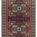 Hand-woven 4x6 ft vintage Kars wool rug featuring red and brown geometric patterns in a traditional Turkish style.