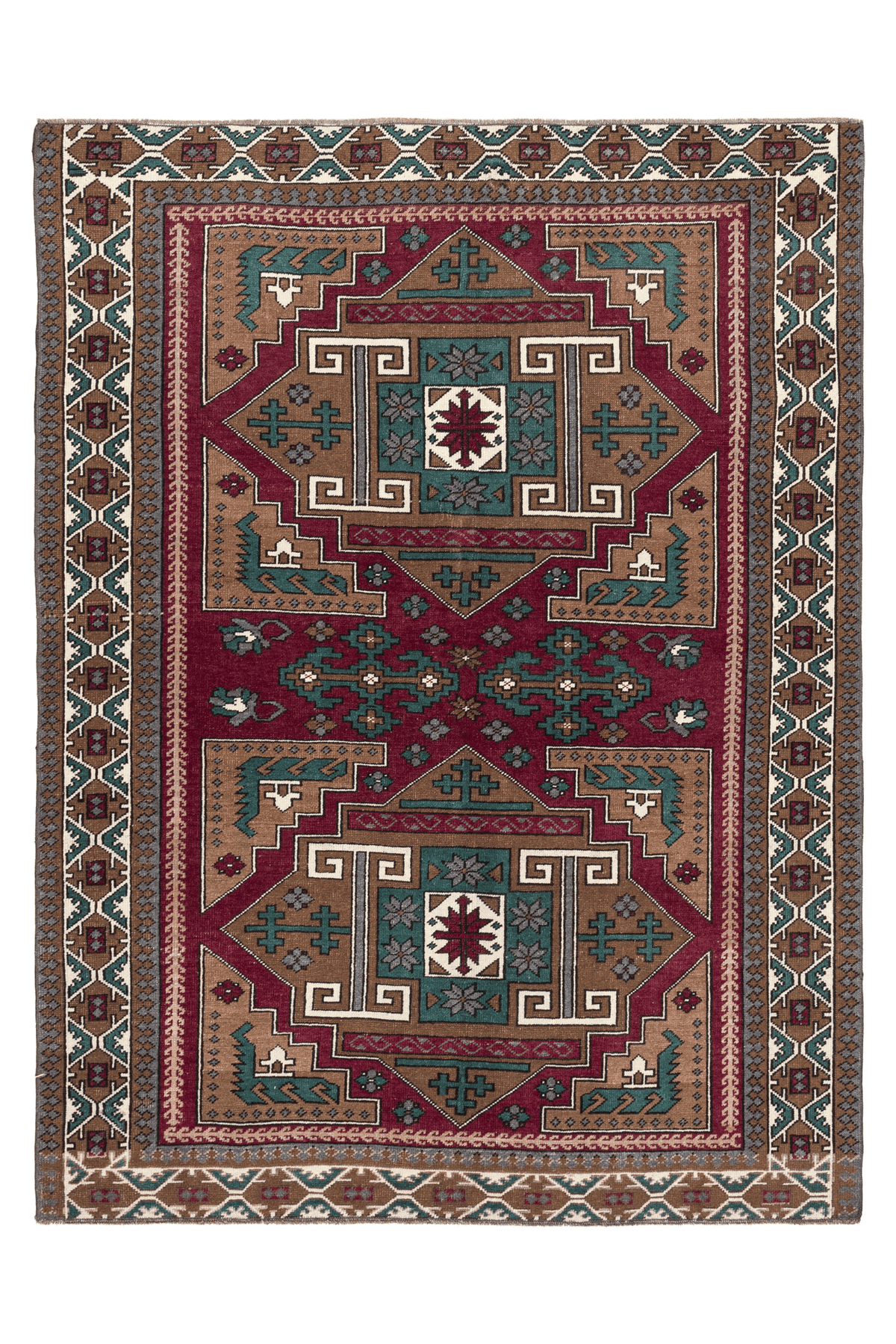 Hand-woven 4x6 ft vintage Kars wool rug featuring red and brown geometric patterns in a traditional Turkish style.