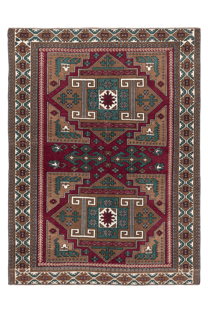 Vintage Kars Turkish Area Rug 4x6 ft — Red & Brown Geometric