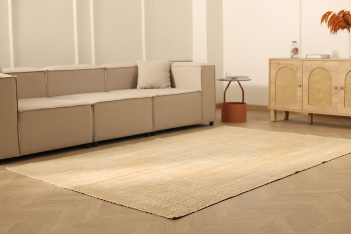 Vintage Manisa Turkish Area Rug 5x8 ft — Beige & Orange Distressed