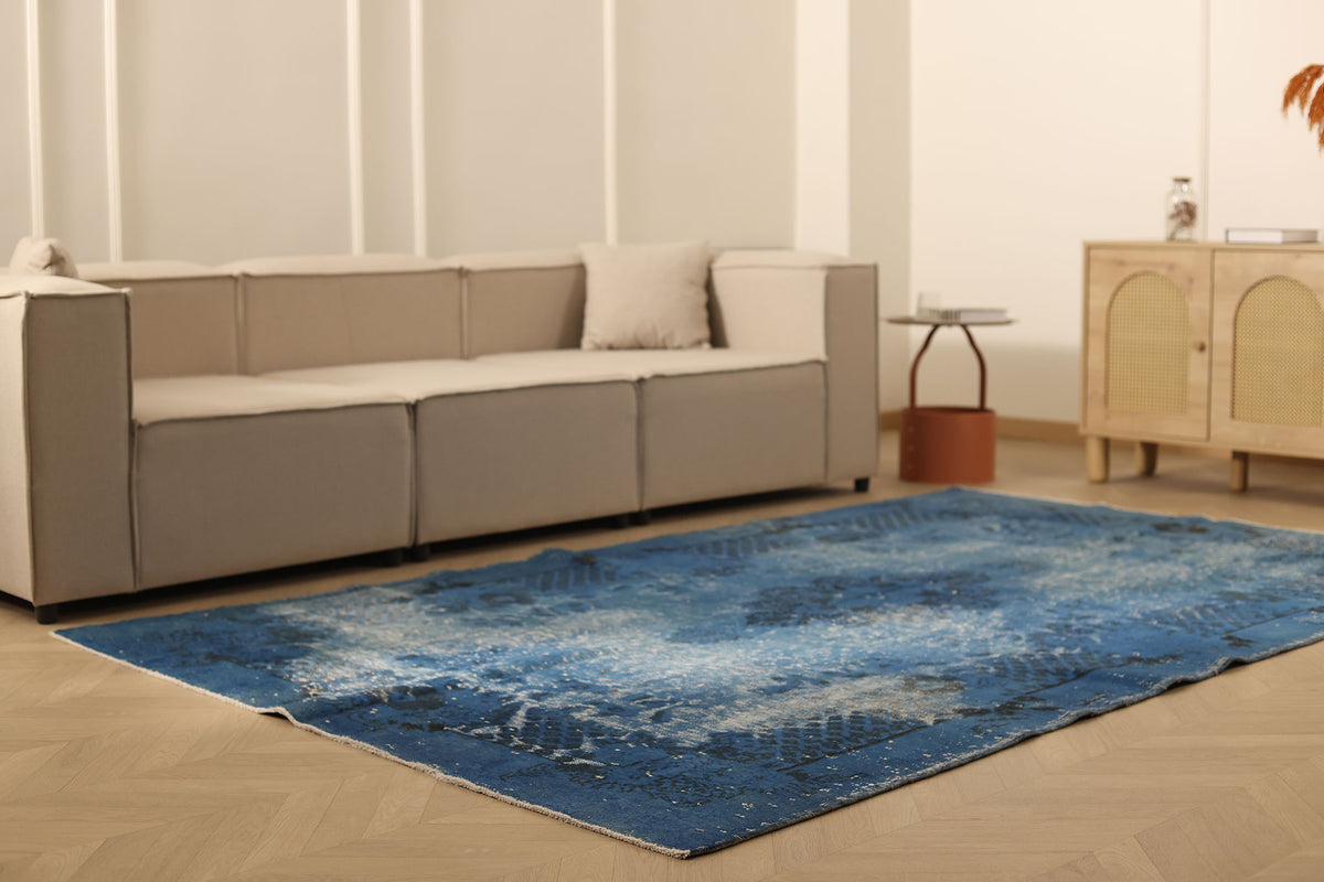 Vintage Manisa Turkish Area Rug 6x9 ft — Blue & Gray Overdyed (No. 47691)