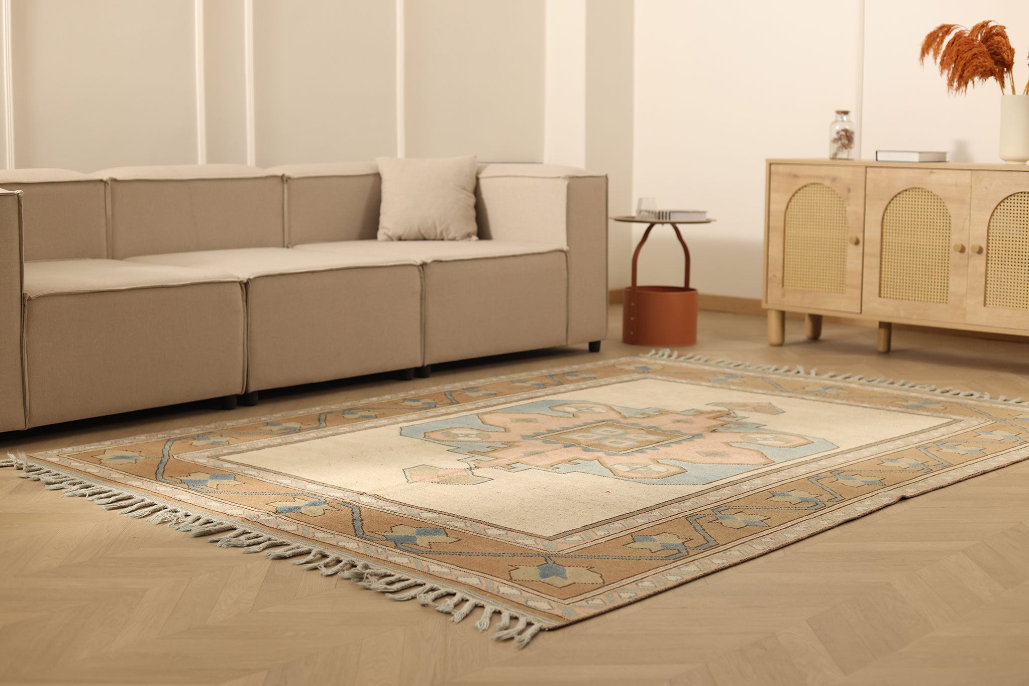 Vintage Niğde Turkish Area Rug 6x8 ft — Beige & Brown Geometric
