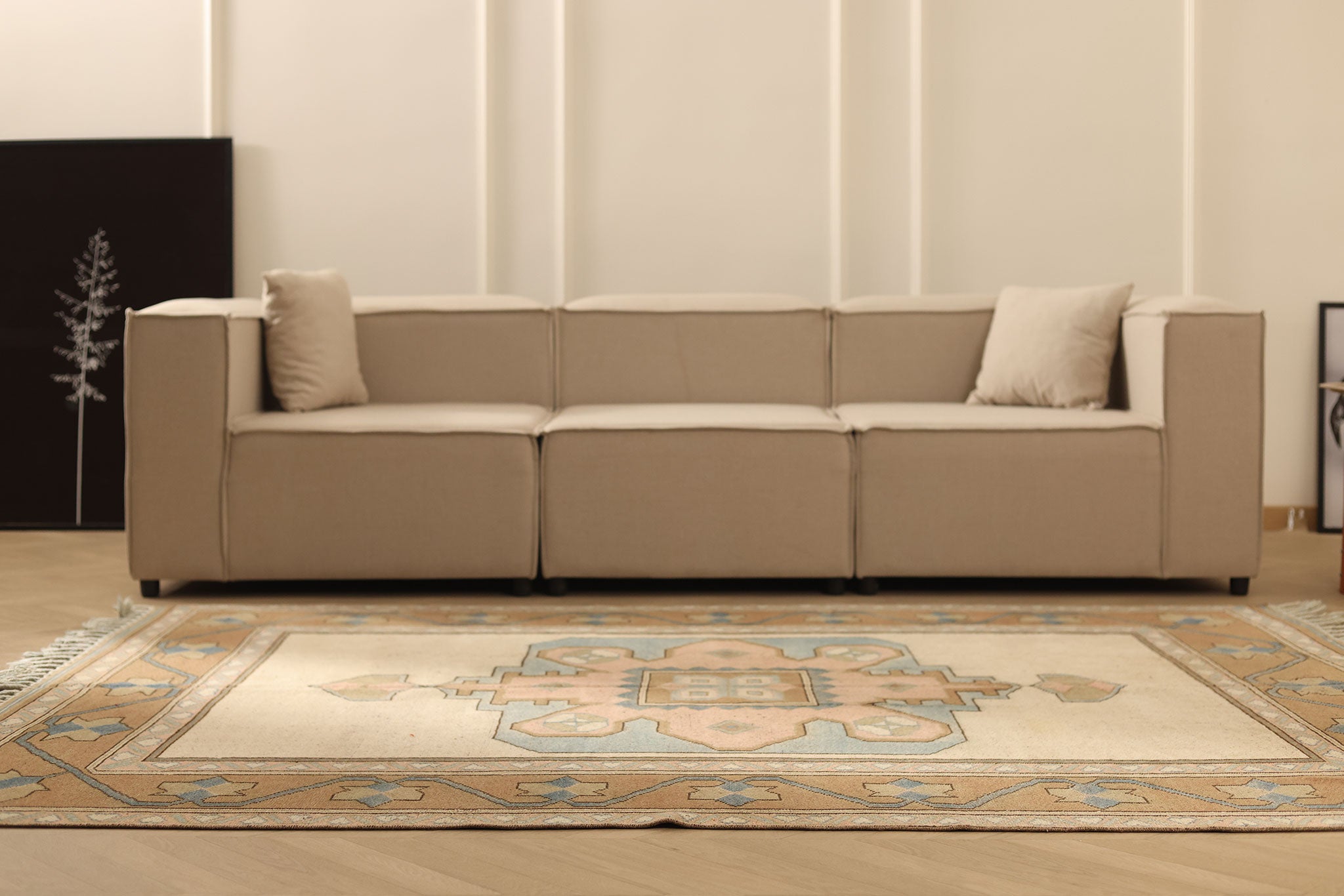 Vintage Niğde Turkish Area Rug 6x8 ft — Beige & Brown Geometric