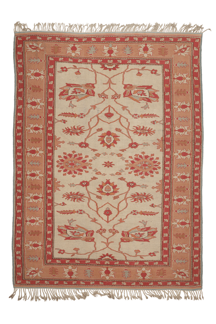 Vintage Muğla Turkish Area Rug 7x10 ft — Beige & Red Floral