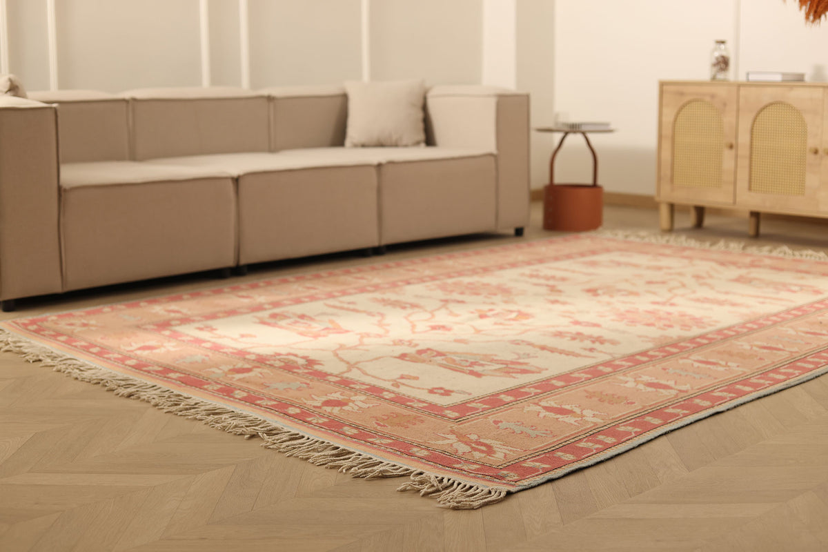 Vintage Muğla Turkish Area Rug 7x10 ft — Beige & Red Floral