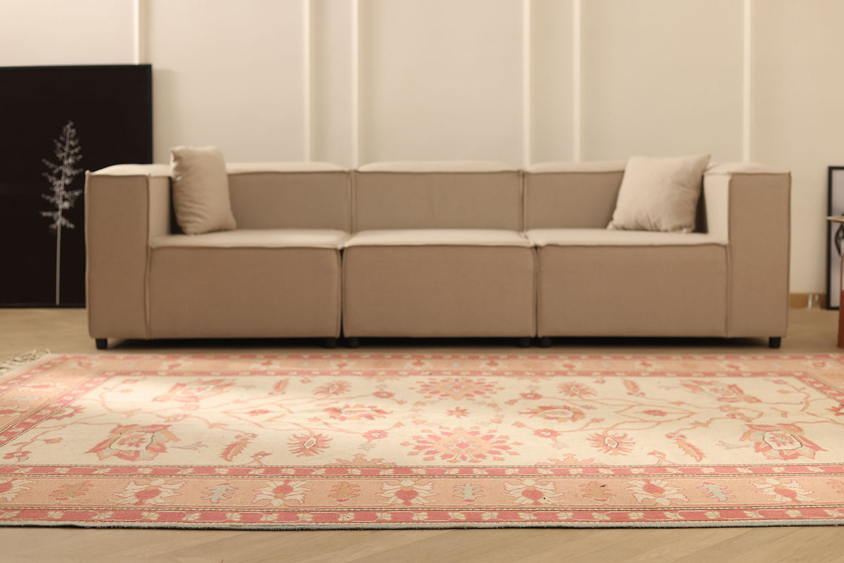 Vintage Muğla Turkish Area Rug 7x10 ft — Beige & Red Floral
