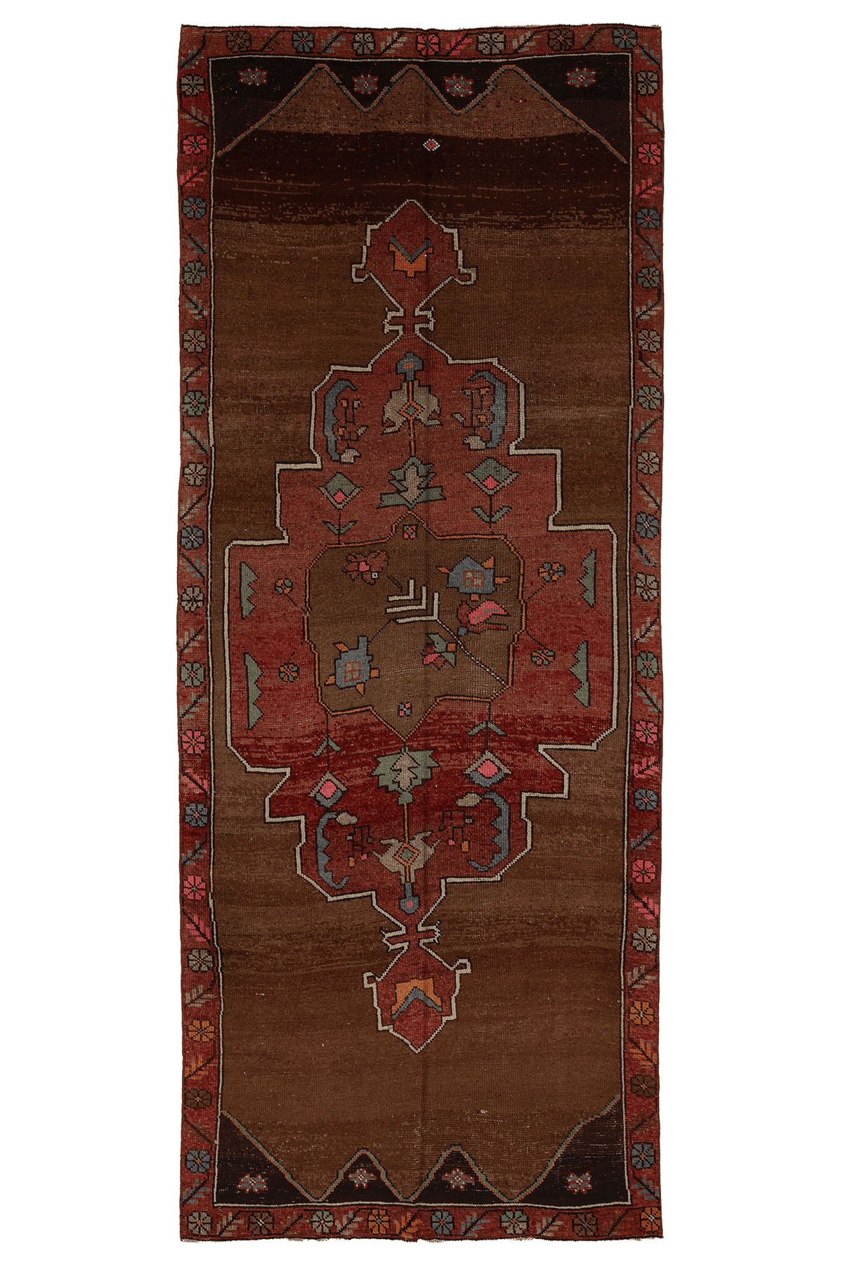 A traditional Persian-style runner rug with a central medallion design in shades of brown, red, and black, shown flat against a white background.