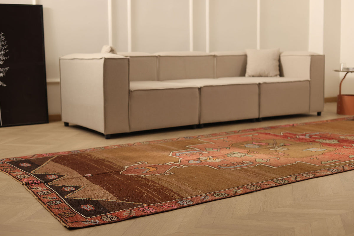 Vintage Malatya Turkish Runner Rug 5x13 ft — Brown & Red Geometric