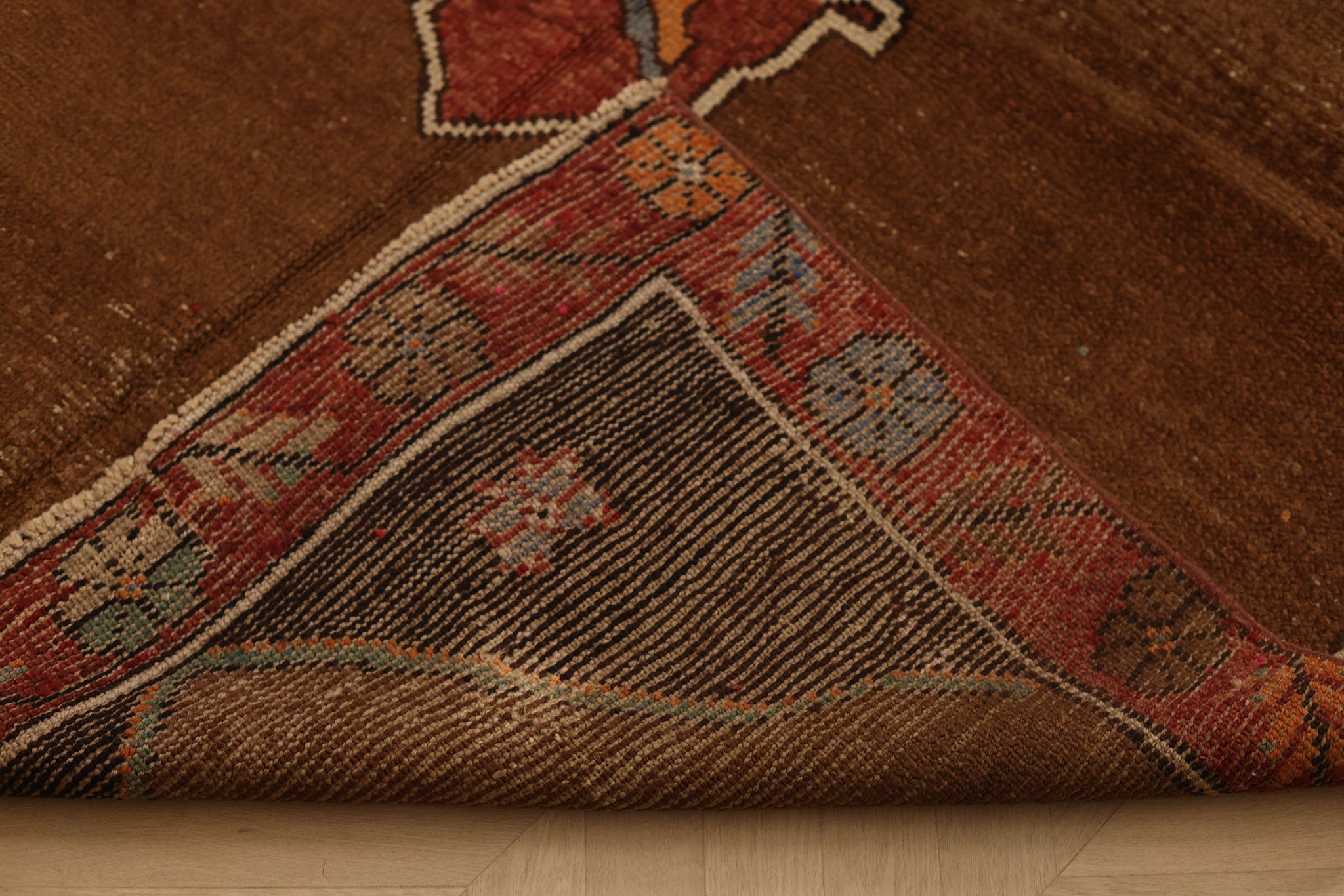 Vintage Malatya Turkish Runner Rug 5x13 ft — Brown & Red Geometric