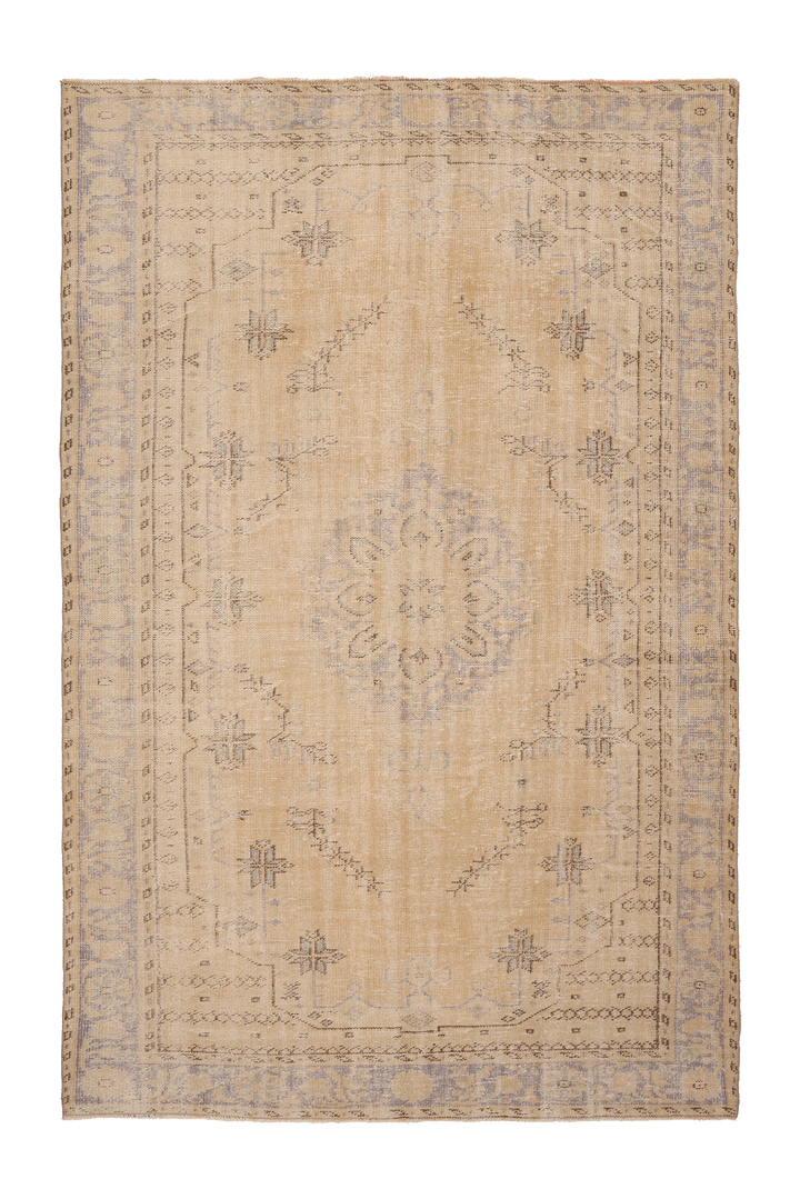 Vintage Manisa Turkish Area Rug 6x9 ft — Beige & Blue Geometric