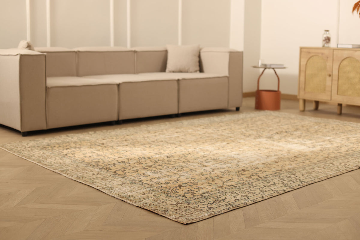 Vintage Isparta Turkish Area Rug 7x10 ft — Beige & Brown Floral (No. 47927)
