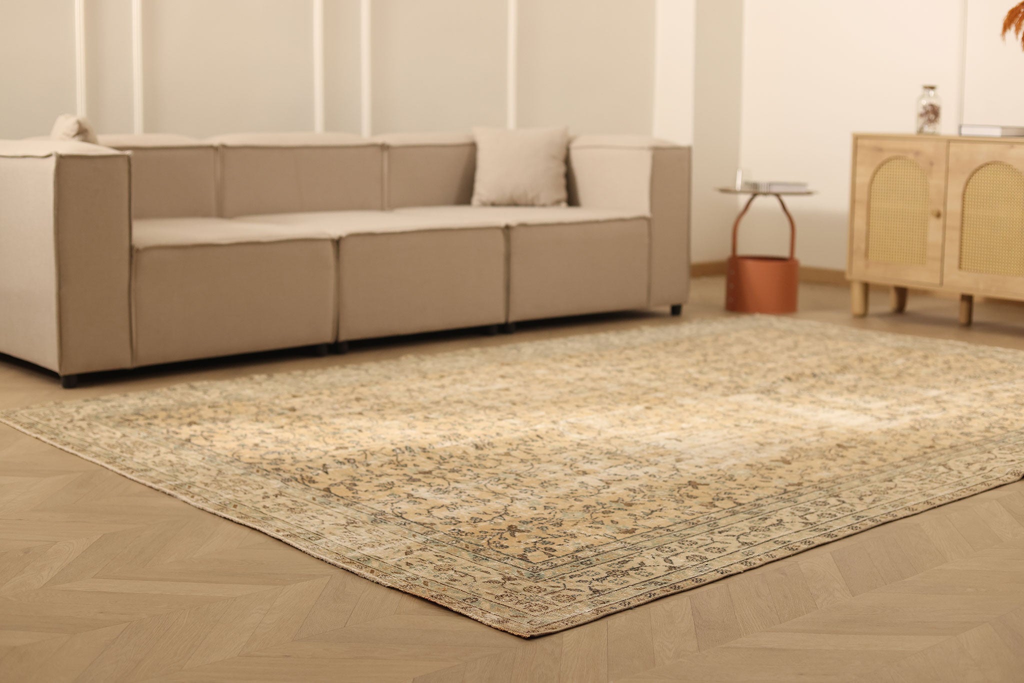 Vintage Isparta Turkish Area Rug 7x10 ft — Beige & Brown Floral (No. 47927)