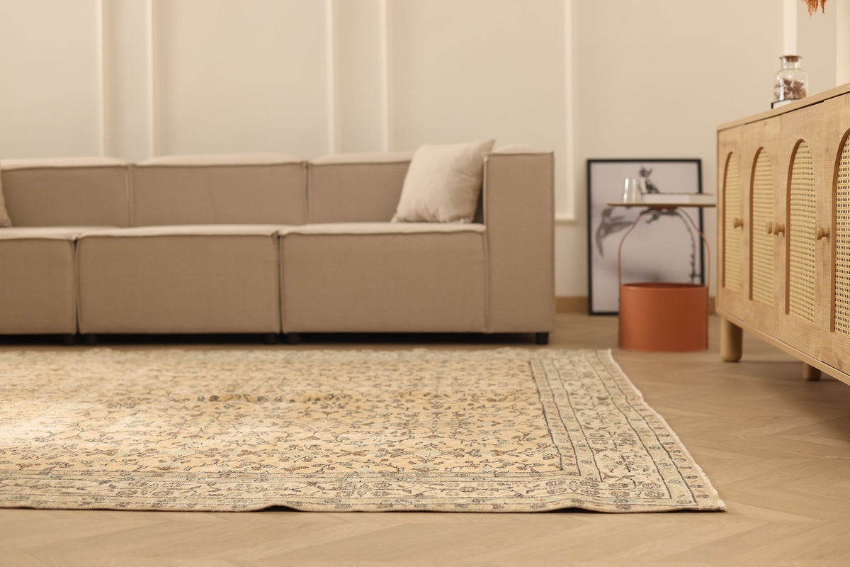 Vintage Isparta Turkish Area Rug 7x10 ft — Beige & Brown Floral (No. 47927)