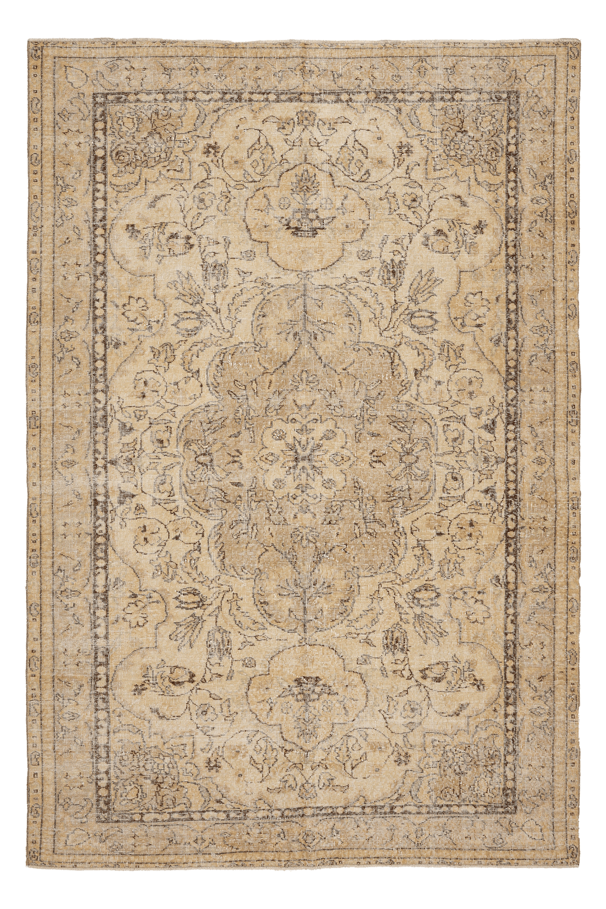 Vintage Isparta Turkish Area Rug 6x9 ft — Beige & Brown Floral (No. 47965)