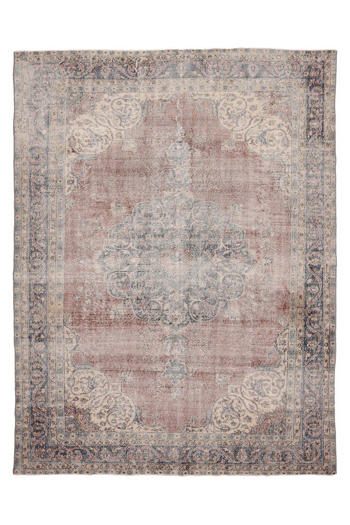 Vintage Isparta Turkish Area Rug 7x10 ft — Pink & Blue Distressed