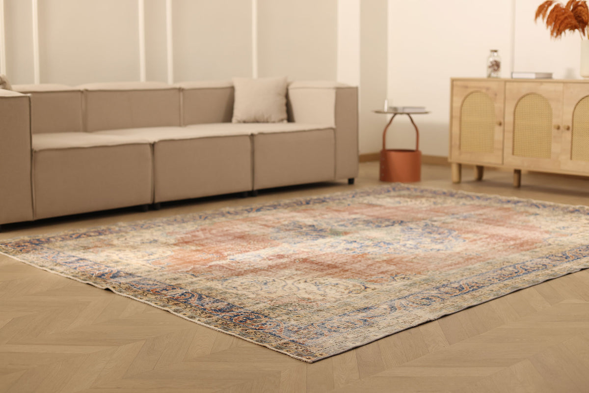 Vintage Isparta Turkish Area Rug 7x10 ft — Pink & Blue Distressed