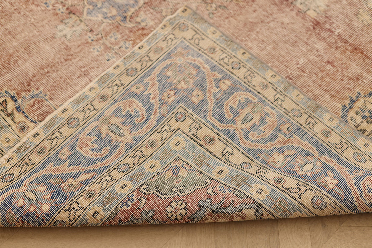 Vintage Isparta Turkish Area Rug 7x10 ft — Pink & Blue Distressed