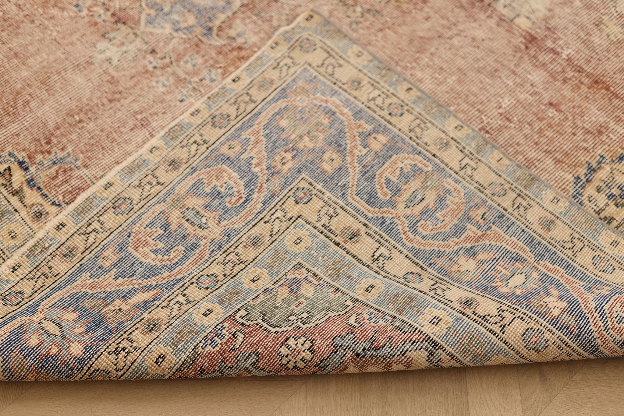 Vintage Isparta Turkish Area Rug 7x10 ft — Pink & Blue Distressed
