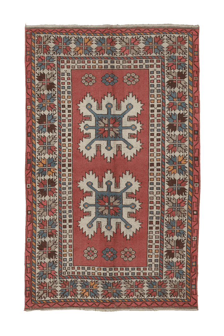 Vintage Balıkesir Turkish Area Rug 4x7 ft — Red & Beige Geometric