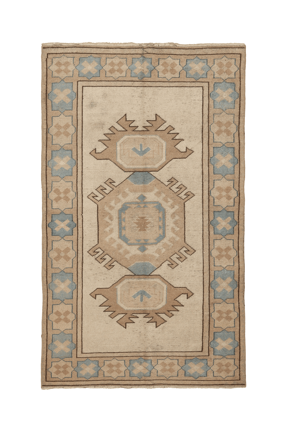 Vintage Uşak Turkish Area Rug 4x6 ft — Beige & Blue Geometric