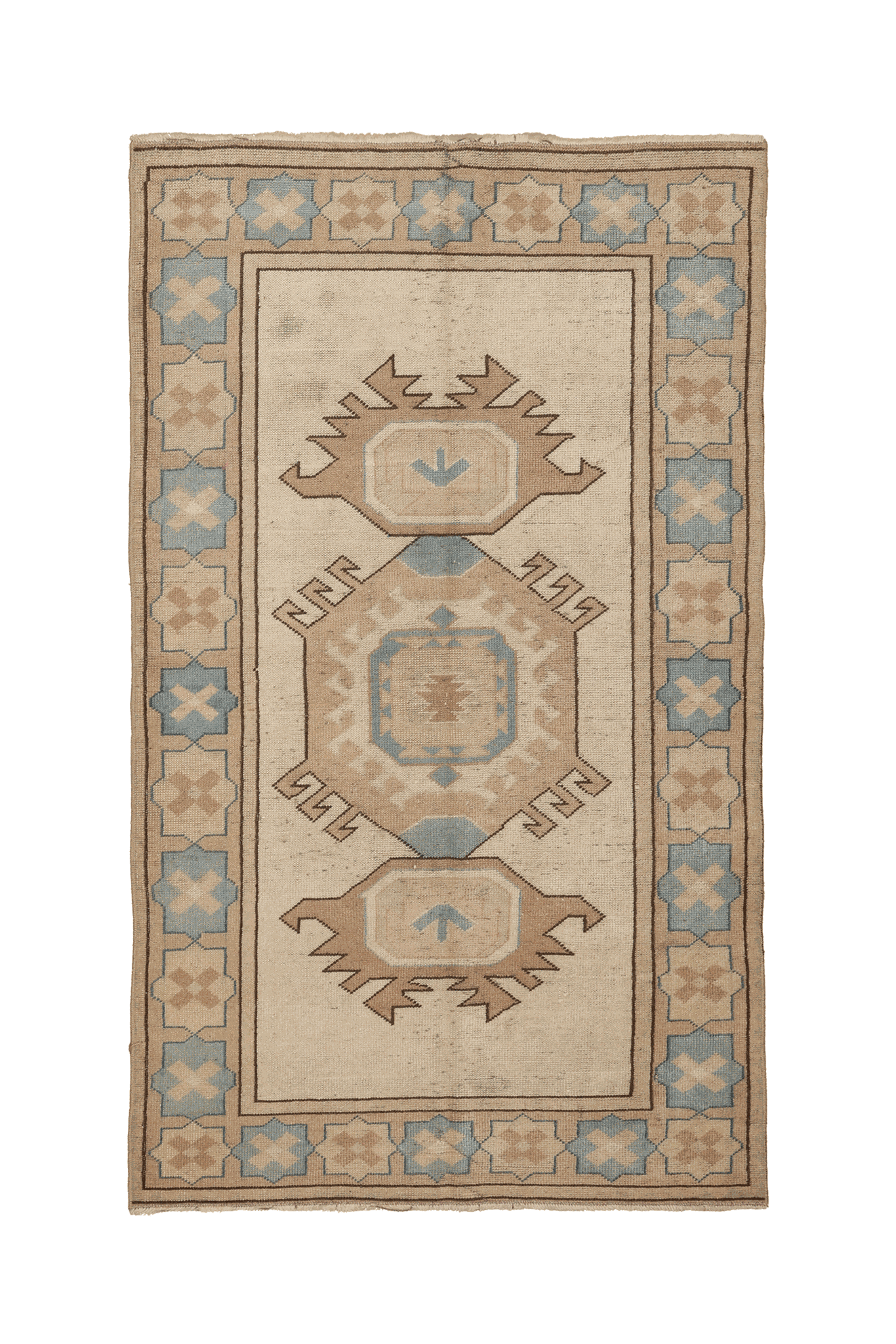 Vintage Uşak Turkish Area Rug 4x6 ft — Beige & Blue Geometric