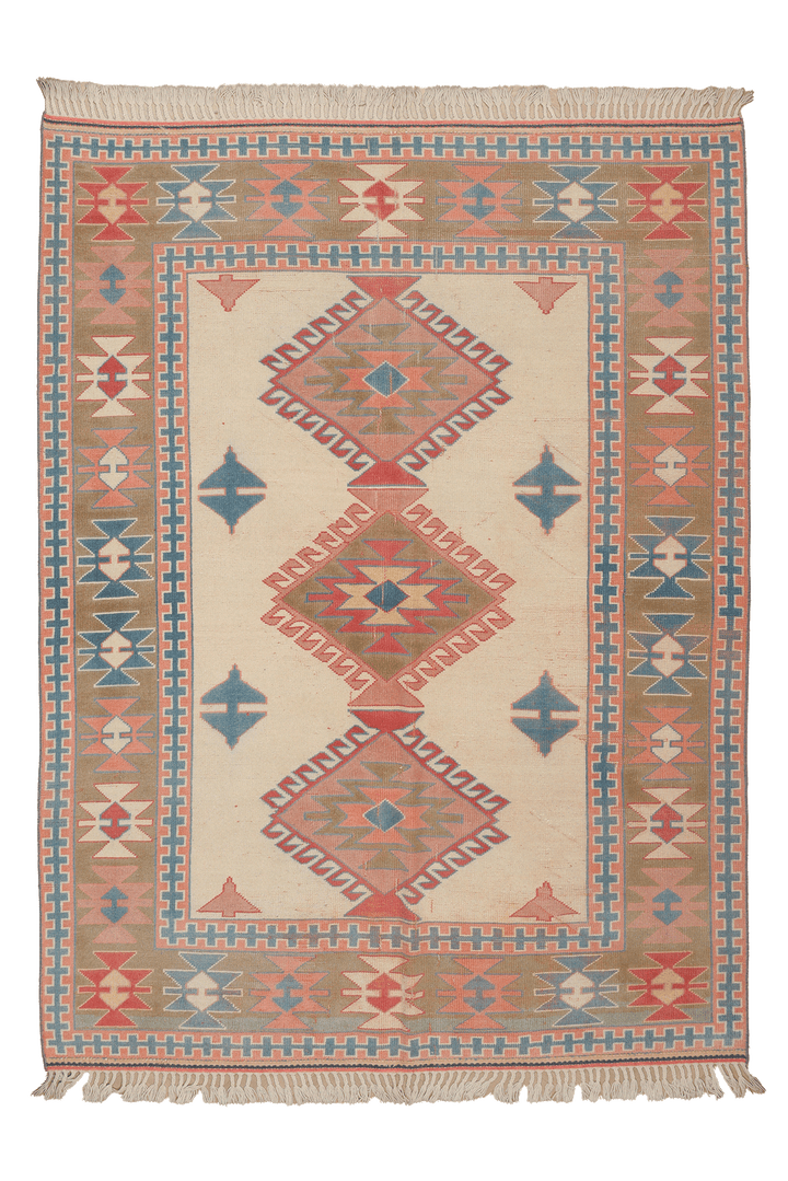 Vintage Niğde Turkish Area Rug 5x7 ft — Beige & Pink Geometric (No. 48003)