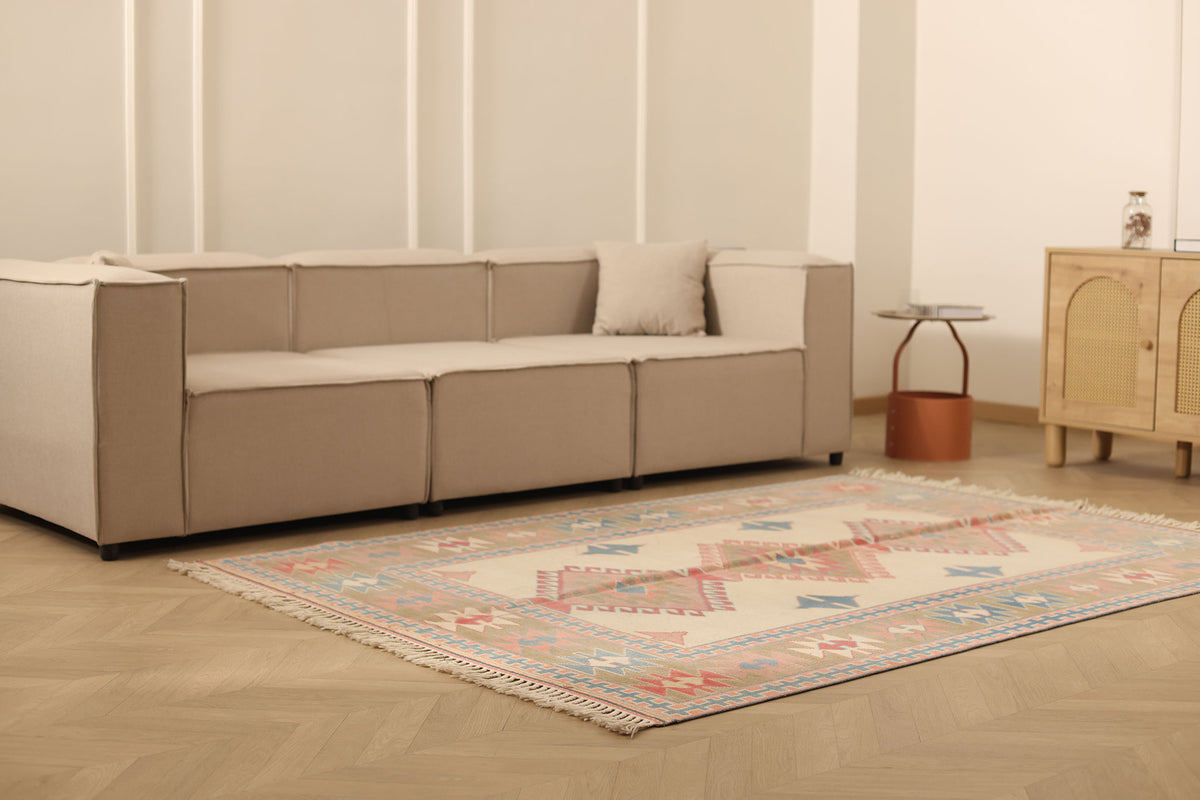 Vintage Niğde Turkish Area Rug 5x7 ft — Beige & Pink Geometric (No. 48003)