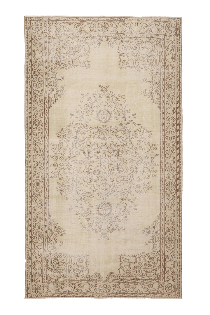Vintage Manisa Turkish Area Rug 5x9 ft — Beige & Brown Floral (No. 48101)
