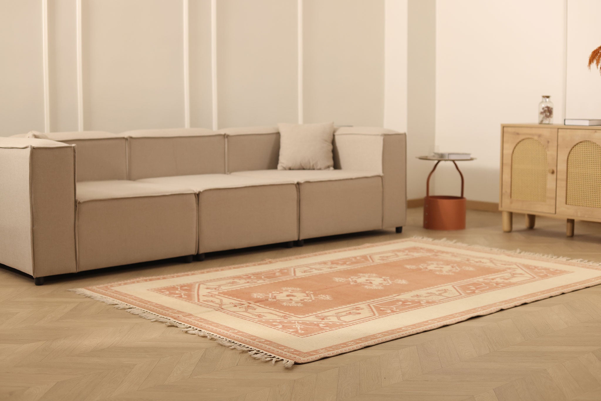 Vintage Muğla Turkish Area Rug 5x7 ft — Orange & Beige Geometric (No. 48115)