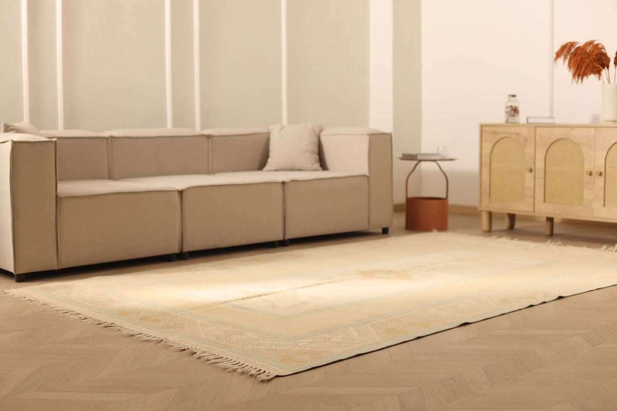 Vintage Muğla Turkish Runner Rug 6x10 ft — Beige & Brown Geometric