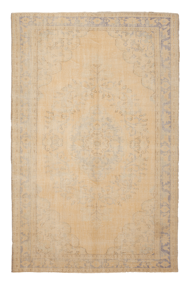 Vintage Manisa Turkish Area Rug 6x9 ft — Beige & Blue Floral