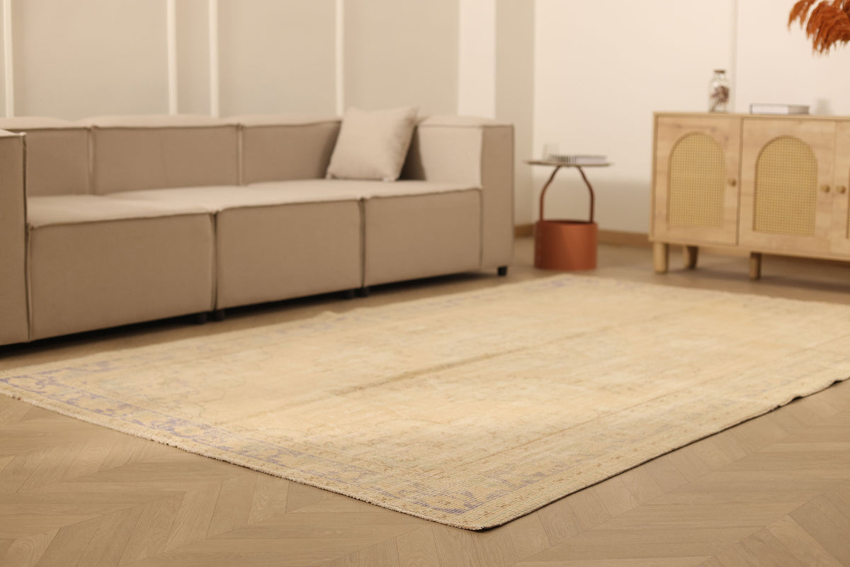 Vintage Manisa Turkish Area Rug 6x9 ft — Beige & Blue Floral