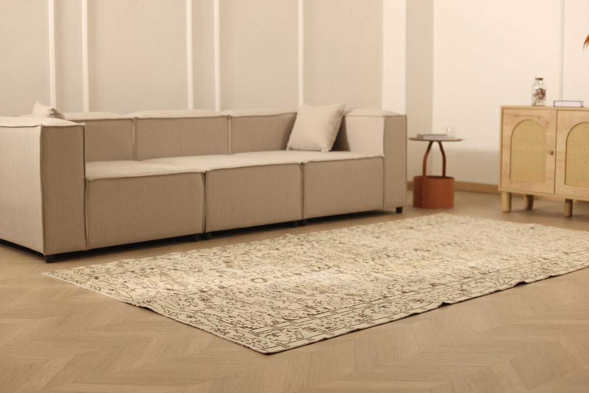 Vintage Manisa Turkish Area Rug 5x9 ft — Beige & Brown Floral