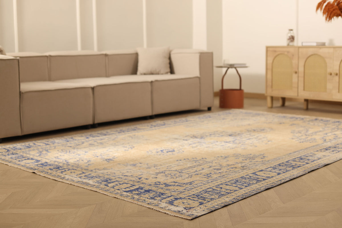 Vintage Manisa Turkish Area Rug 7x10 ft — Beige & Blue Floral