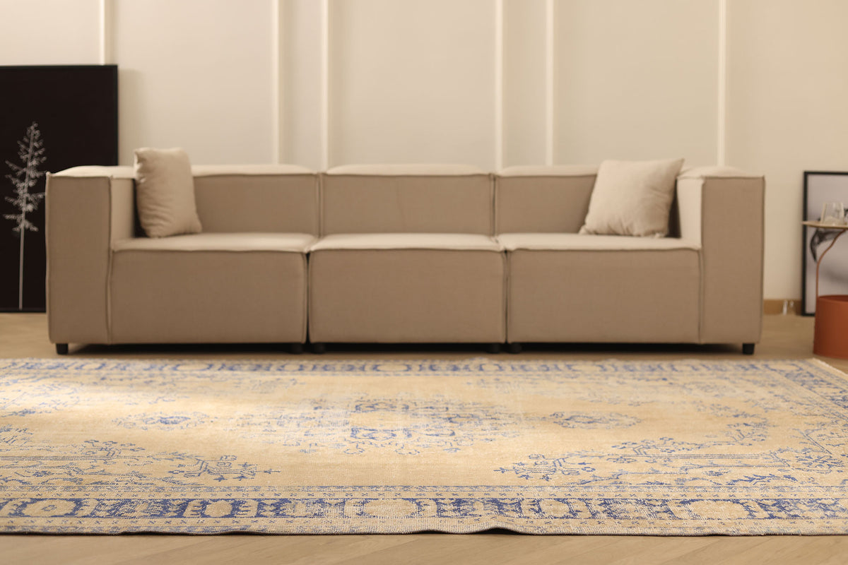 Vintage Manisa Turkish Area Rug 7x10 ft — Beige & Blue Floral