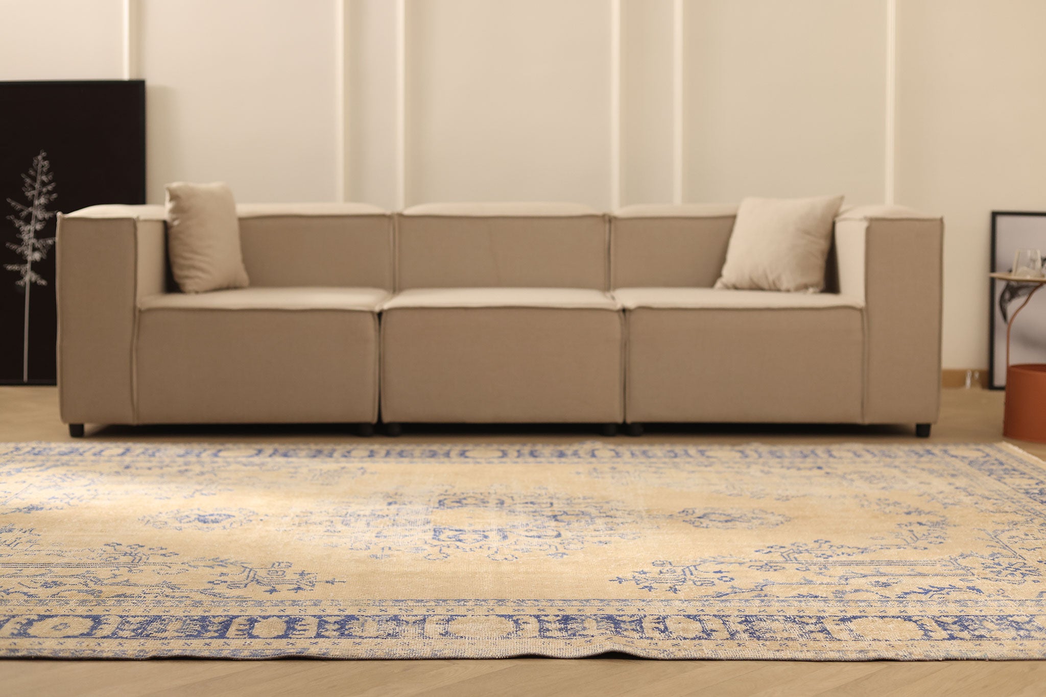 Vintage Manisa Turkish Area Rug 7x10 ft — Beige & Blue Floral