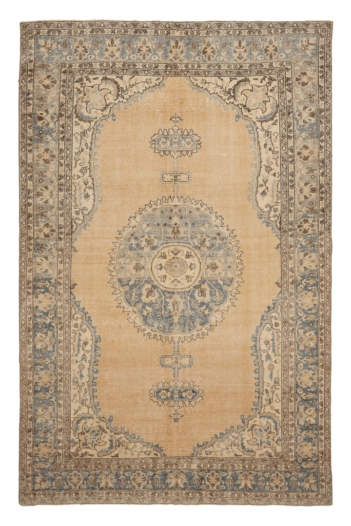 Vintage Isparta Turkish Area Rug 7x11 ft — Beige & Blue Floral (No. 48176)